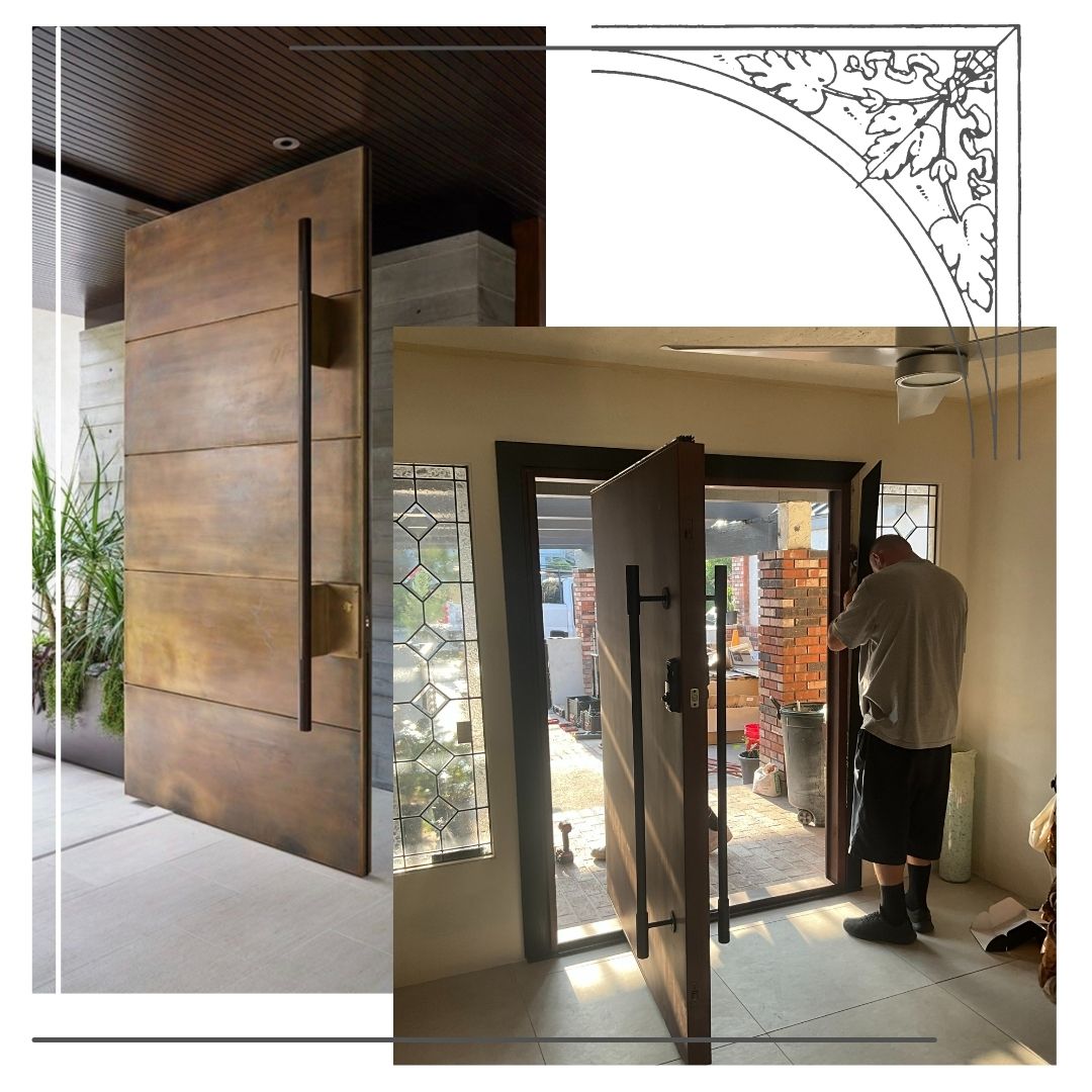 man installing front door
