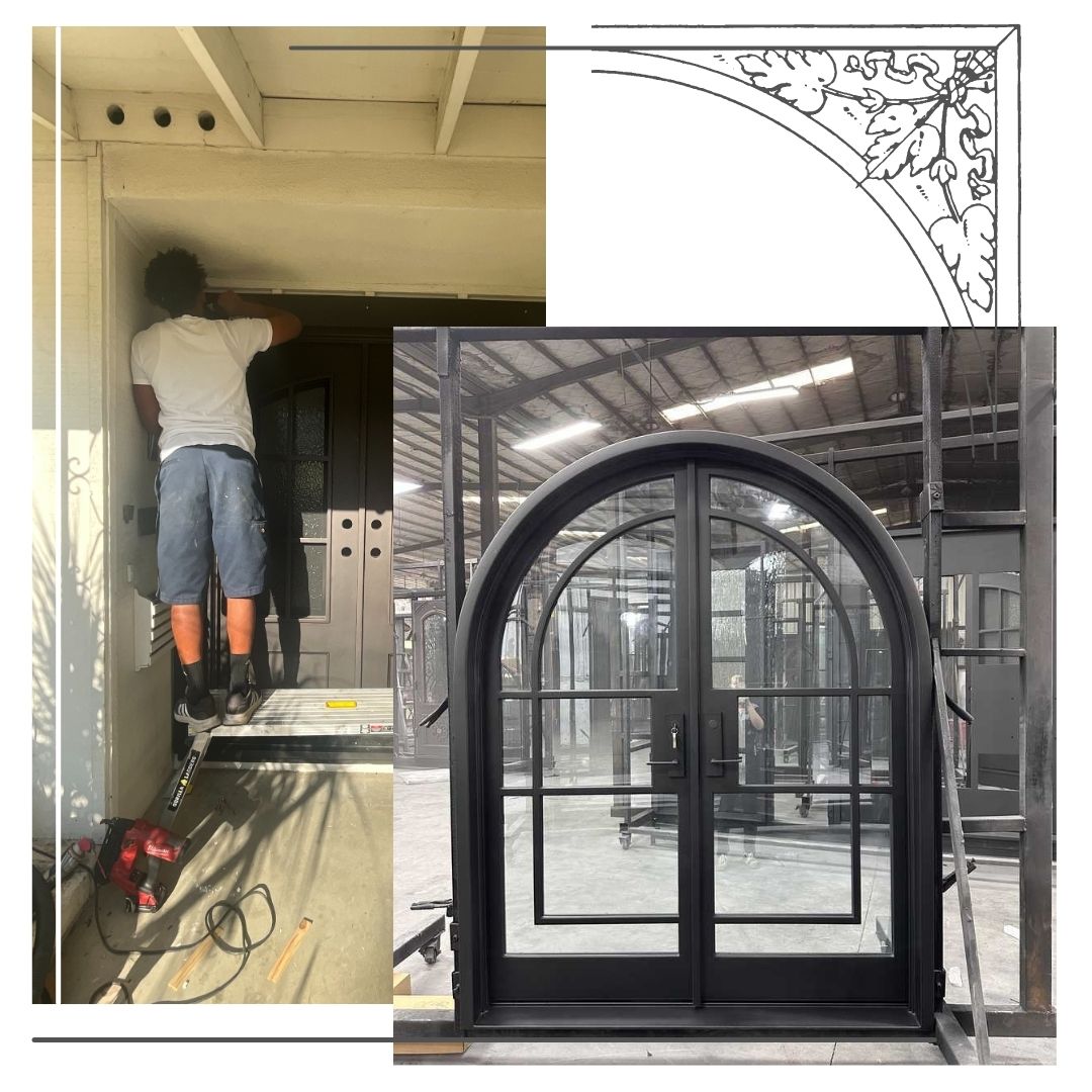 man installing front door and a large arching door