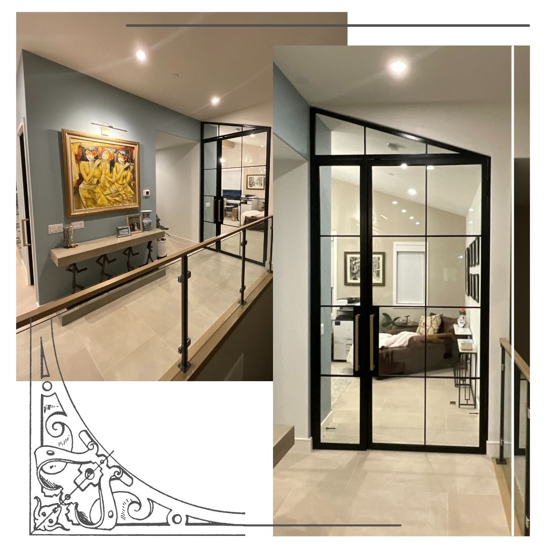 a clear glass and metal door inside of home
